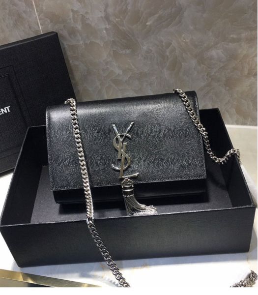 YSL Kate Black Original Caviar Leather Tassel Silver Chain 20cm Flap Bag