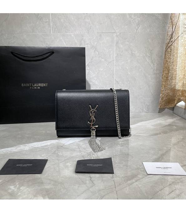 YSL Kate Black Original Caviar Veins Leather Silver Metal Tassel 24cm Medium Chain Bag