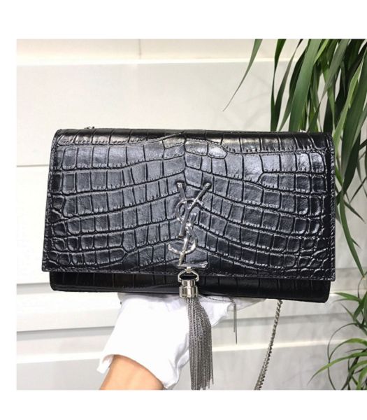 YSL Kate Black Original Croc Veins Leather Silver Metal Tassel Wallet On Chain