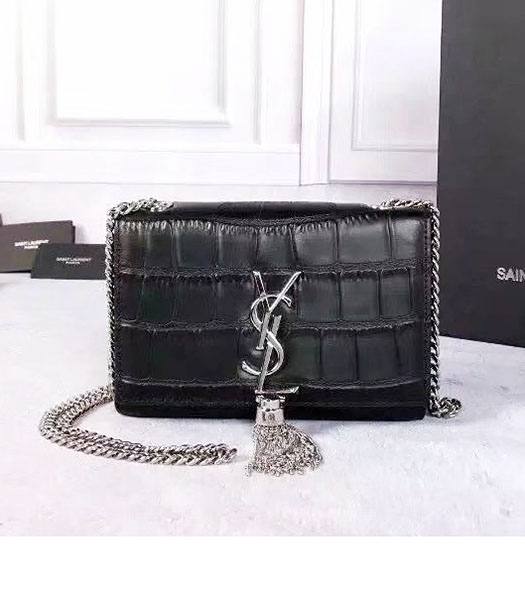YSL Kate Black Original Origianl Croc Veins Calfskin Leather Tassel Silver Chains 17cm Shoulder Bag