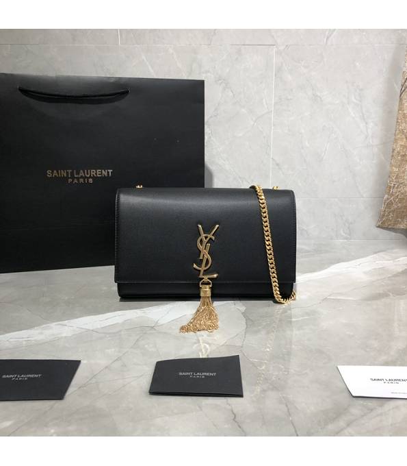 YSL Kate Black Original Plain Veins Leather Golden Metal Tassel 24cm Medium Chain Bag