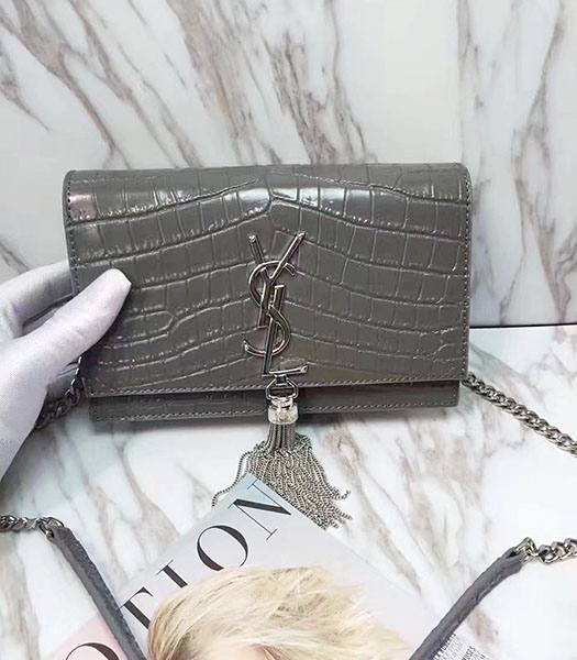 YSL Kate Grey Origianl Croc Veins Calfskin Leather Tassel Golden Chains 20cm Handbag