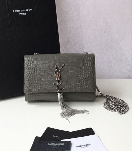 YSL Kate Grey Original Croc Veins Leather Tassel Silver Chain 20cm Flap Bag