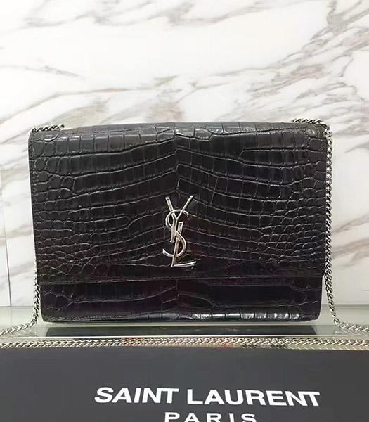 YSL Kate Monogram Black Croc Veins Leather Shoulder Bag