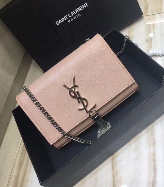 YSL Kate Nude Pink Original Caviar Leather Tassel Silver Chain 20cm Flap Bag