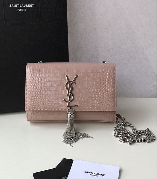 YSL Kate Nude Pink Original Croc Veins Leather Tassel Silver Chain 20cm Flap Bag