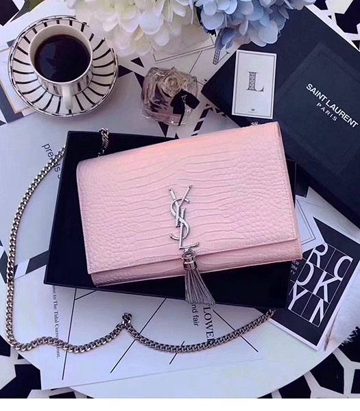 YSL Kate Pink Original Origianl Croc Veins Calfskin Leather Tassel Silver Chains 24cm Shoulder Bag