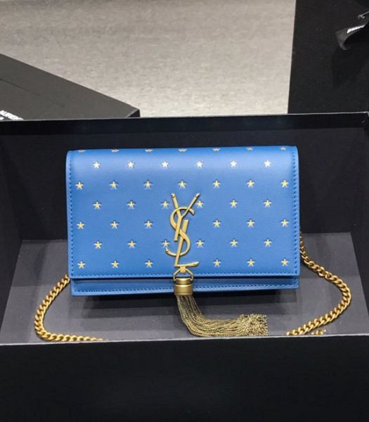 YSL Kate Star Blue Original Real Leather Golden Metal Tassel Small Wallet On Chain