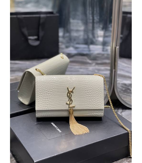 YSL Kate White Original Croc Veins Leather Tassel Golden Chain 24cm Flap Bag