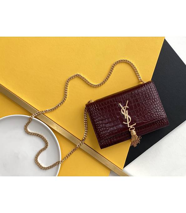 YSL Kate Wine Red Original Croc Veins Leather Tassel Golden Chain 20cm Flap Bag