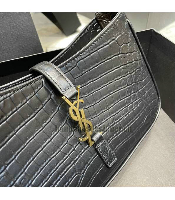 YSL Le5A7 Black Original Croc Veins Leather Golden Metal Hobo Bag-4