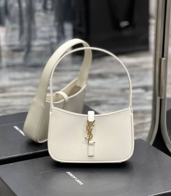 YSL le5A7 White Original Plain Veins Real Leather Golden Metal Mini Hobo Bag