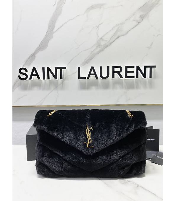 YSL Loulou Puffer Black Rabbit Hair With Original Leather Golden Chain 35cm Shoulder Bag