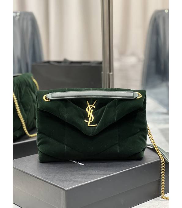 YSL Loulou Puffer Green Original Velvet Leather Golden Chain 29cm Shoulder Bag-1