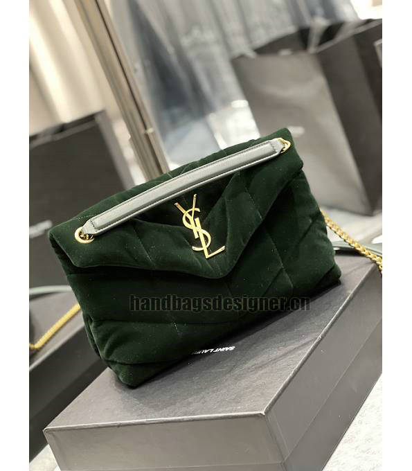 YSL Loulou Puffer Green Original Velvet Leather Golden Chain 29cm Shoulder Bag-2