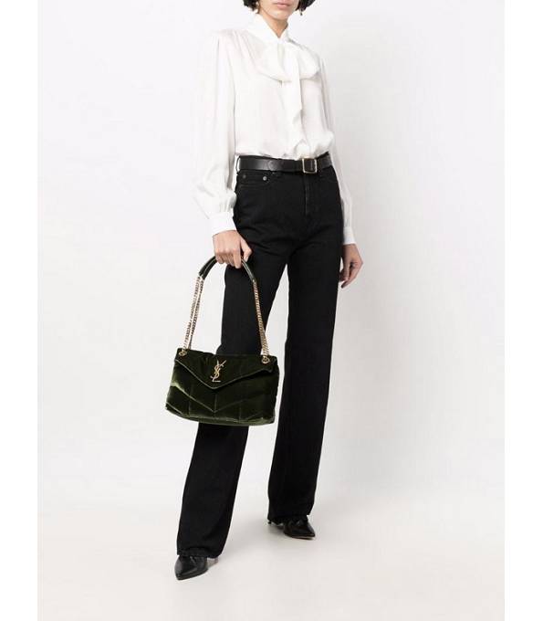 YSL Loulou Puffer Green Original Velvet Leather Golden Chain 29cm Shoulder Bag