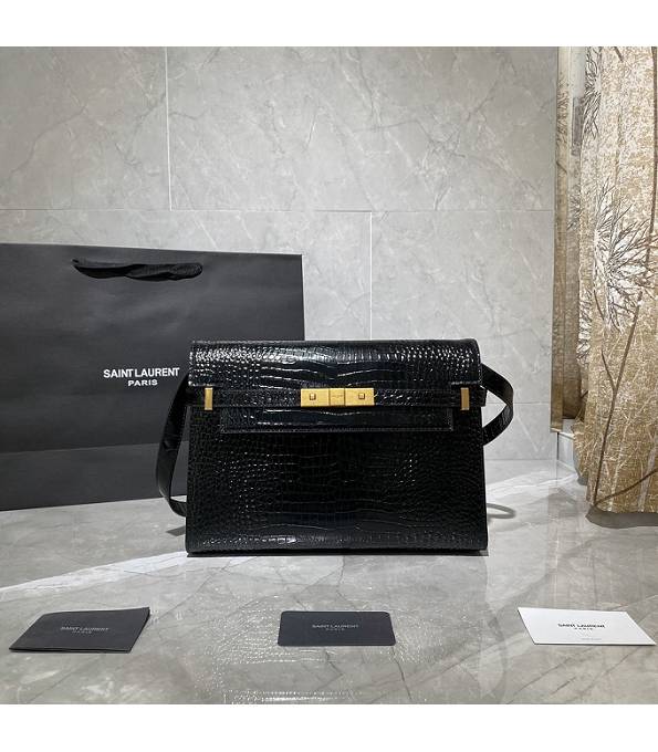 YSL Manhattan Black Original Croc Veins Leather Golden Metal Shoulder Bag