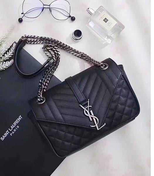 YSL Monogram Black Litchi Veins Leather Silver Chains 23cm Shoulder Bag