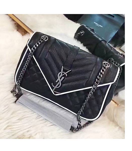 YSL Monogram Black Lithchi Veins Matelasse Leather With White Side 27cm Black Chains Bag