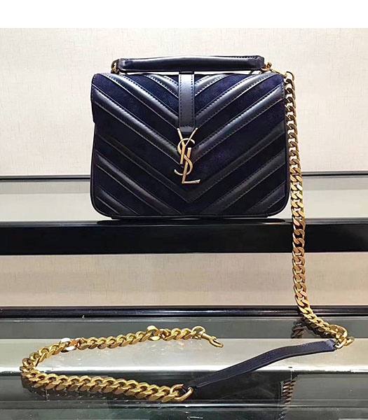 YSL Monogram Dark Blue Matelasse Calfskin With Scrub Leather Golden Chains 24cm Top Handle Bag