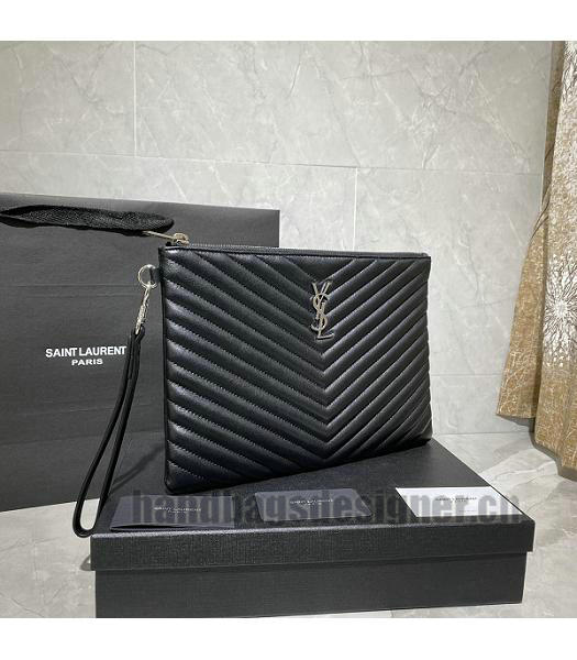 YSL Monogram Matelasse Black Original Real Leather Silver Metal Tablet Pouch-7