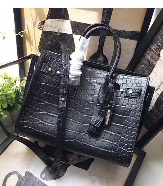 YSL Nano Sac De Jour Black Croc Veins Leather Rivet 32cm Tote Shoulder Bag