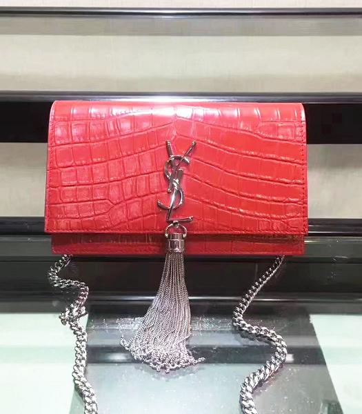YSL Original Red Croc Veins Leather Fringed Small Bag