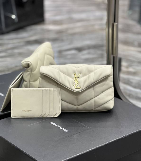 YSL Puffer White Quilted Lambskin Leather Golden Metal Small Pouch