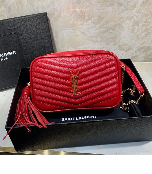 YSL Red Original Caviar Matelasse Leather Golden Metal Tassel Mini Camera Crossbody Bag