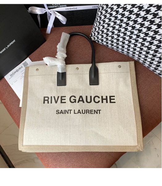 YSL Rive Gauche White Linen With Original Leather Large Tote Bag