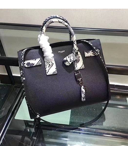 YSL Sac De Jour Souple 32cm Tote In Black Caviar With Snake Veins Leather