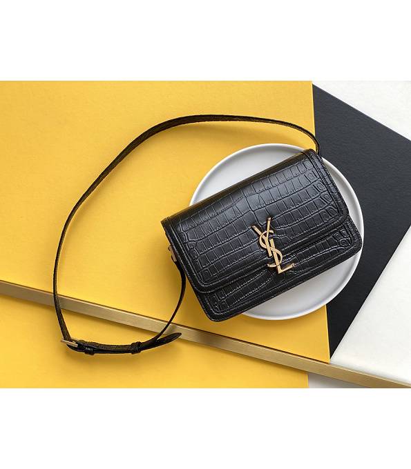 YSL Solferino Box Black Original Croc Veins Calfskin Leather Golden Metal 23cm Satchel Bag
