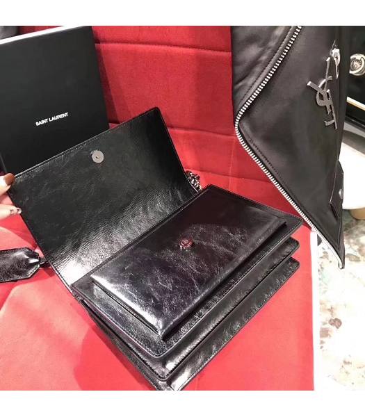 YSL Sunset Black Matelasse Oil Wax Leather Silver Chians 22cm Shoulder Bag-4