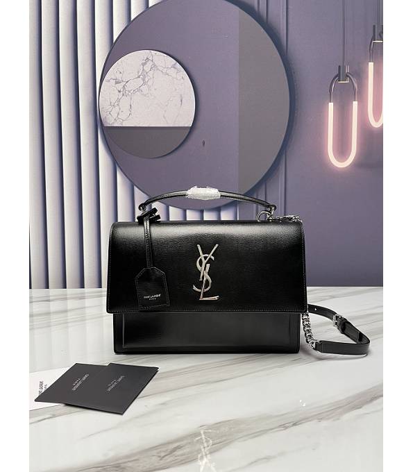 YSL Sunset Black Original Calfskin Leather Silver Metal 25cm Top Handle Shoulder Bag