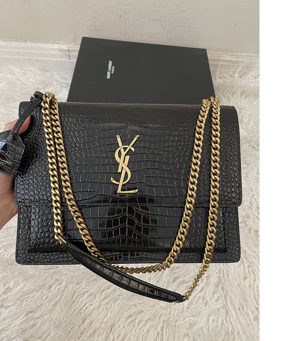 YSL Sunset Black Original Croc Veins Real Leather Golden Metal Large Chain Bag