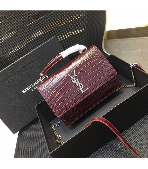 YSL Sunset Red Original Croc Veins Leather Silver Metal Wallet On Chain