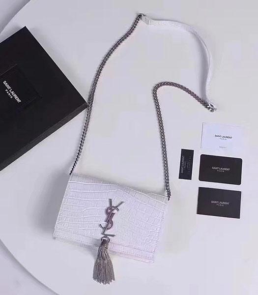 YSL White Croc Veins Leather Tassel Chains Small Bag