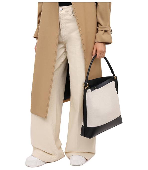 YSL White Linen With Black Original Calfskin Leather Tag Hobo Bag