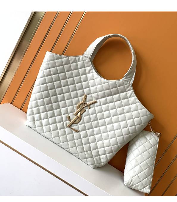 YSL White Original Quilted Lambskin Leather Golden Metal Icare Maxi Shopping Bag