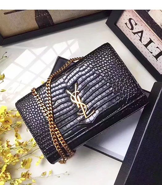 Yves Saint Laurent Black Croc Veins Leather Small Flap Bag