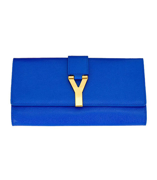 Yves Saint Laurent Chyc Textured Leather Clutch Blue Calfskin