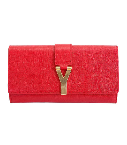 Yves Saint Laurent Chyc Textured Leather Clutch Red Calfskin