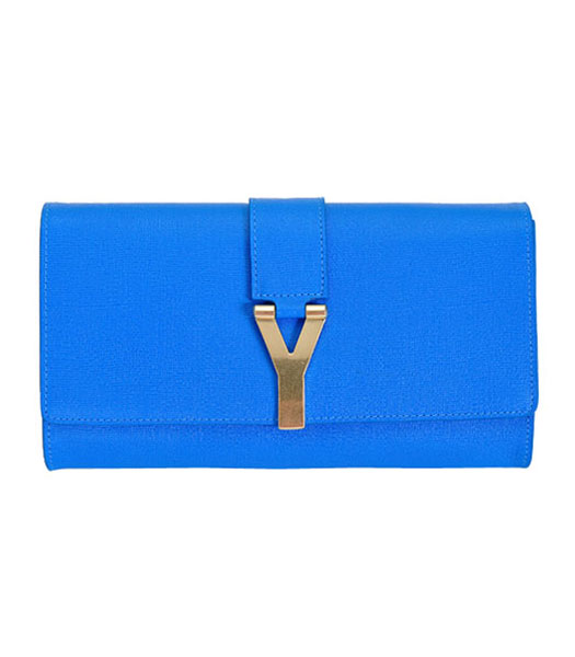 Yves Saint Laurent Chyc Textured Leather Clutch Sky Blue Calfskin