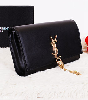 Yves Saint Laurent Monogramme Black Leather Clutch With Golden Chain Tassel
