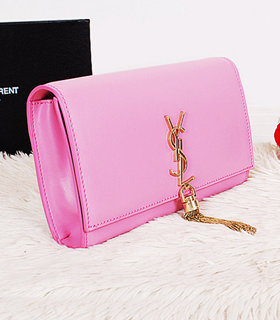 Yves Saint Laurent Monogramme Pink Leather Clutch With Golden Chain Tassel