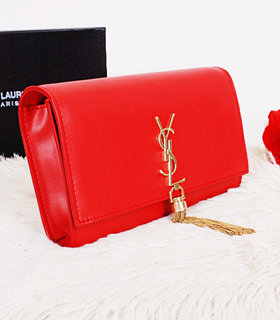 Yves Saint Laurent Monogramme Red Leather Clutch With Golden Chain Tassel