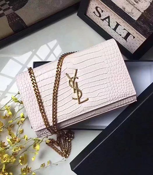 Yves Saint Laurent OffWhite Croc Veins Leather Small Flap Bag